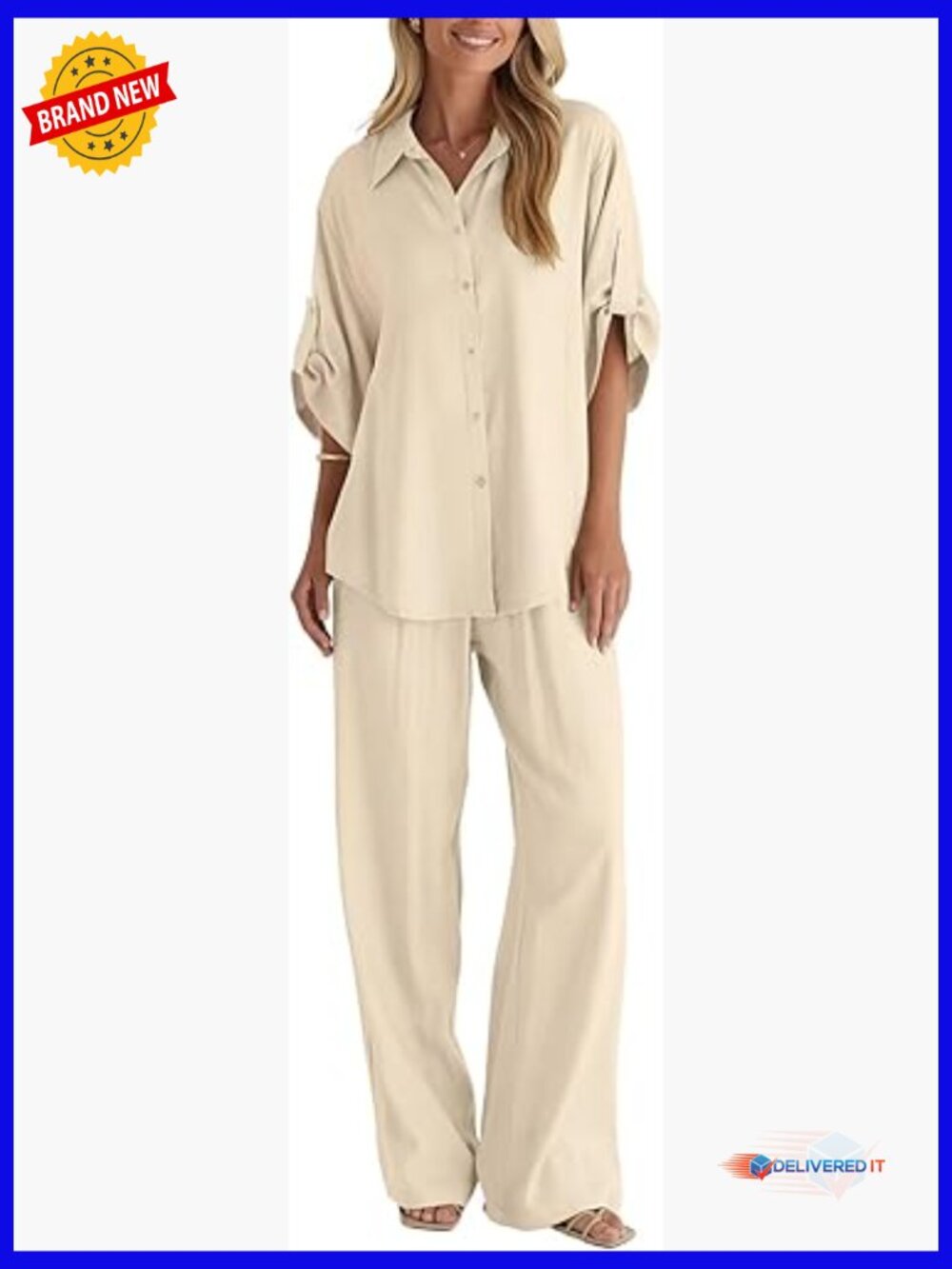 Linen 2 Piece Outfit Long Sleeve Button Down Shirt Wide Leg Pants Lounge Set
